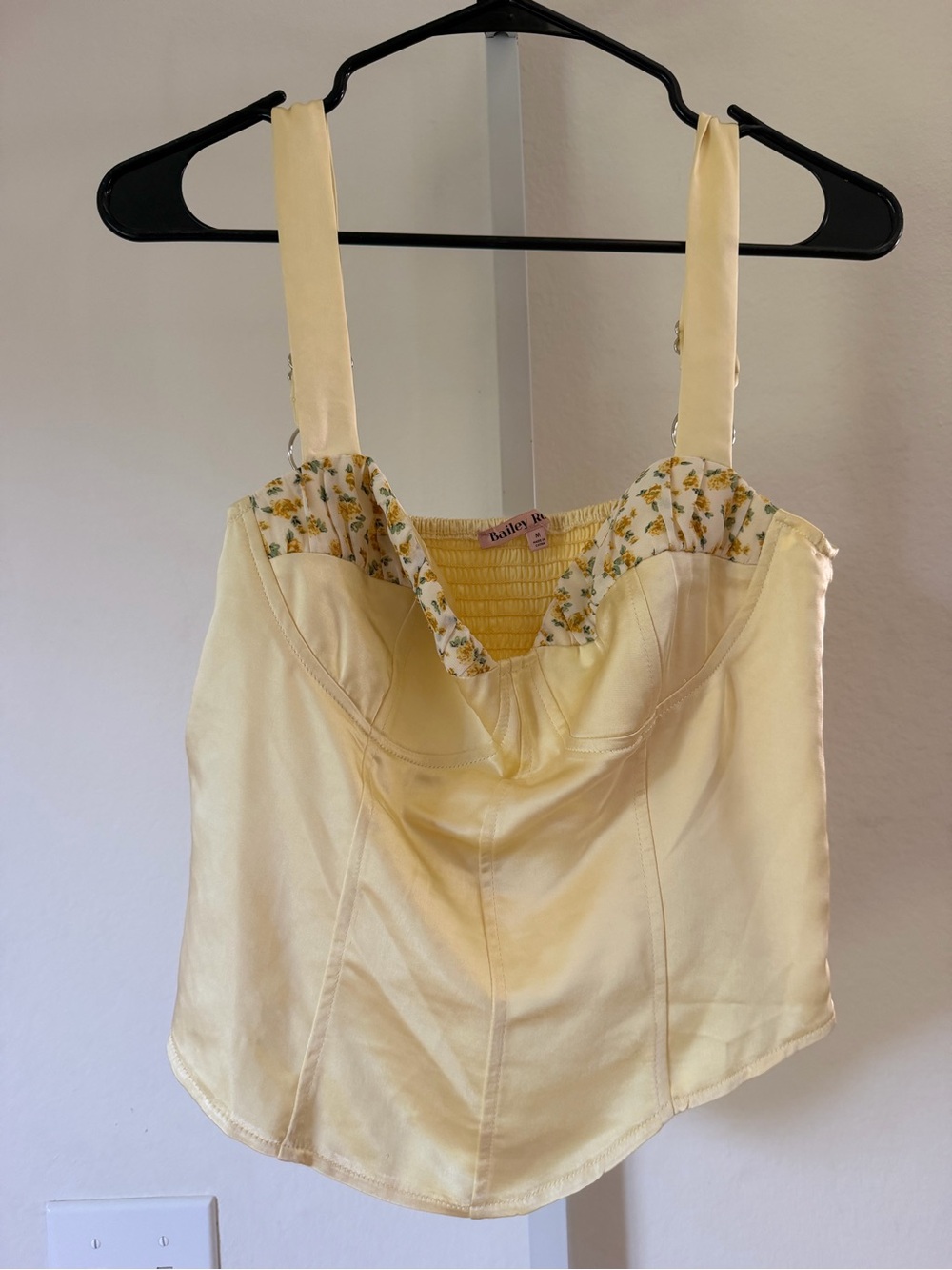Bailey 44 Pale Yellow Satin Bustier Tank with Floral Trim